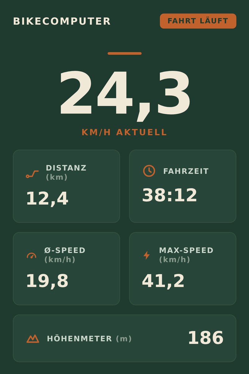 BikeComputer in dunkelgrün mit orangen Akzenten: 24,3 km/h, Distanz, Fahrzeit, Durchschnitts- und Höchstgeschwindigkeit, Höhenmeter