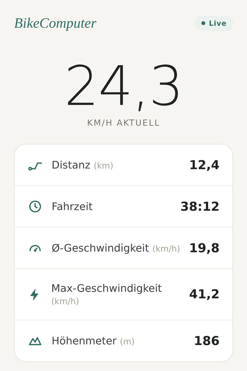 BikeComputer hell mit Liste der Messwerte: 24,3 km/h, Distanz, Fahrzeit, Geschwindigkeiten und Höhenmeter