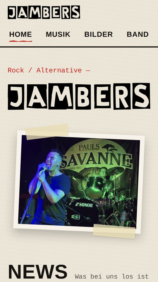 Startseite von jambers.de: Logo JAMBERS aus ausgeschnittenen Buchstaben und ein Bandfoto als Polaroid