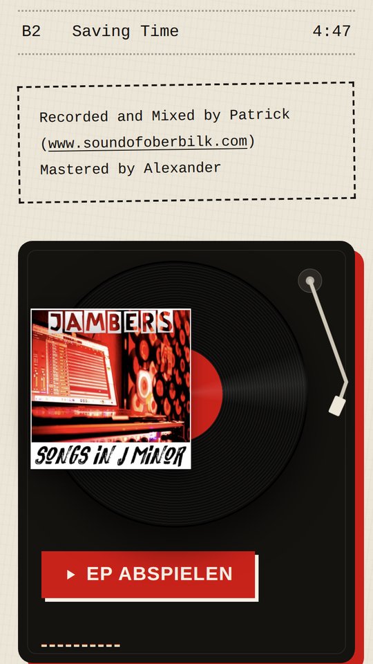 Musik-Seite von jambers.de mit Plattenspieler, EP-Cover „Songs in J Minor“ und Tracklist