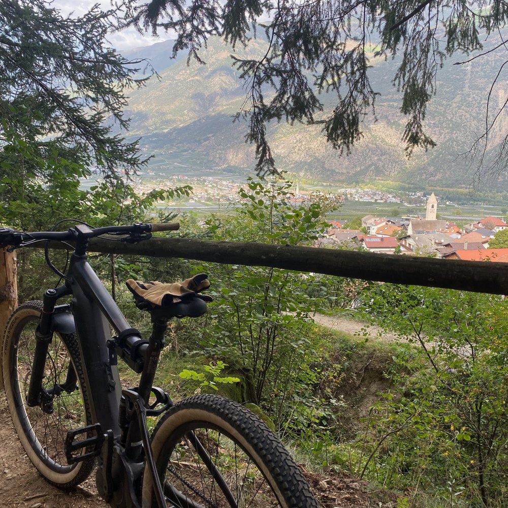 E-Mountainbike an einem Holzgeländer mit Blick auf ein Dorf im Tal